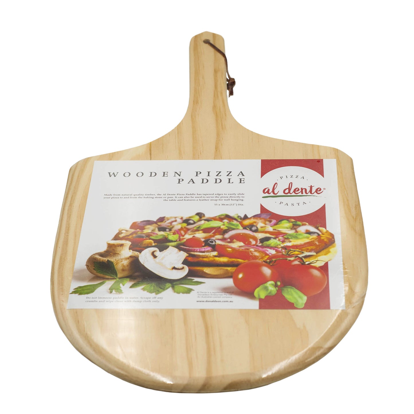 wooden pizza paddle made with natural quality timber with tapered edges. Has a leather strap to hang.