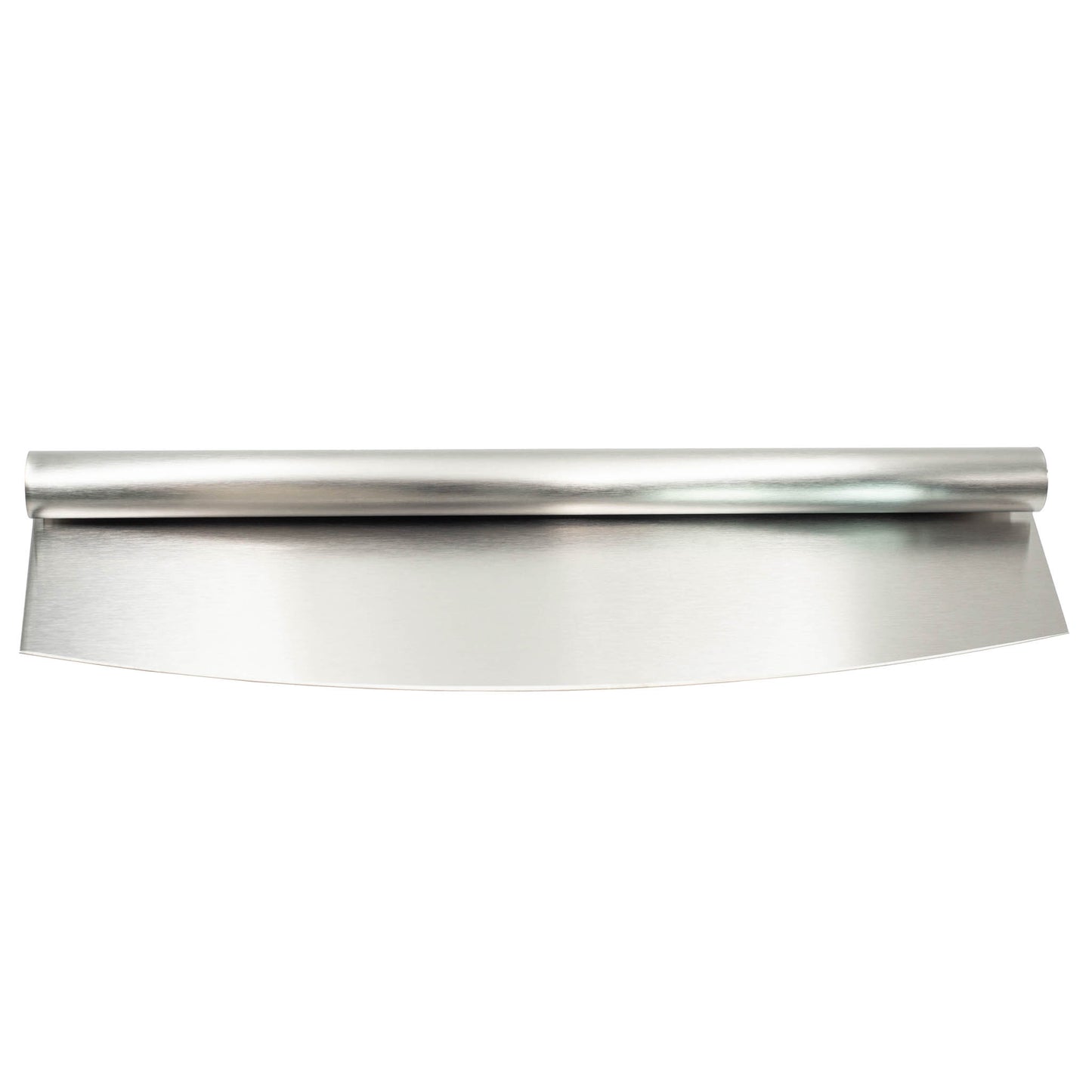 Stainless steel professional quality pizza cutter with curved handle for easy use.