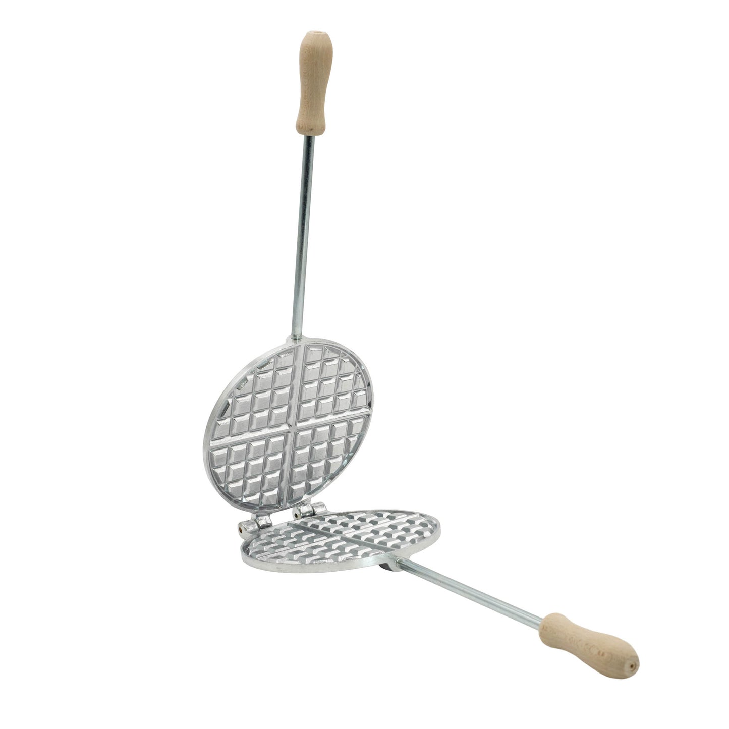 Aluminium manual pizzelle waffle maker with a 4 part square pattern.