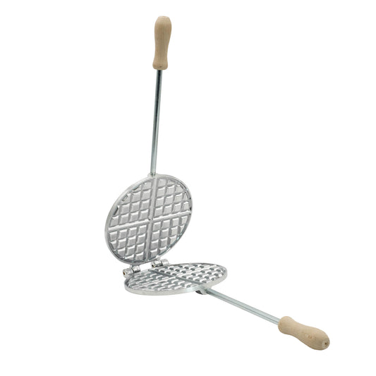 Aluminium manual pizzelle waffle maker with a 4 part square pattern.