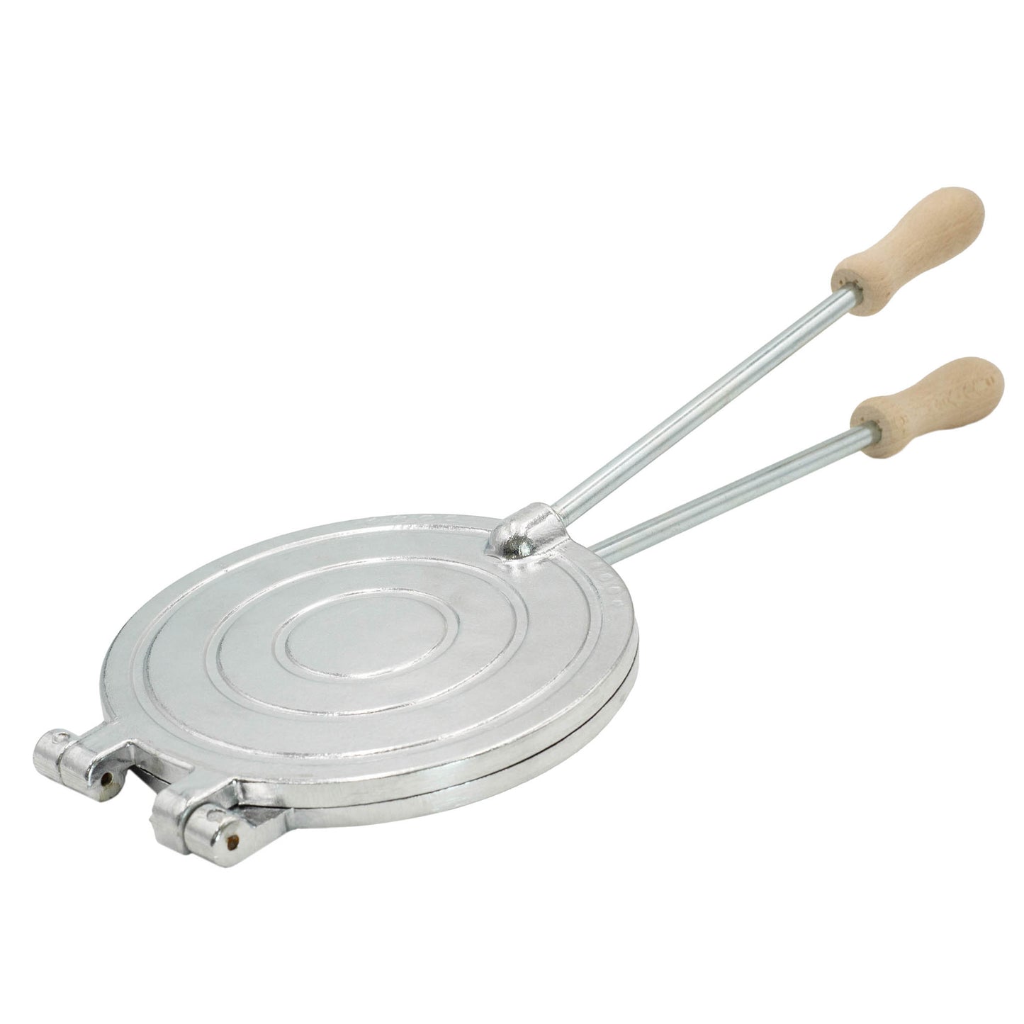 Aluminium manual pizzelle waffle maker with a 4 part square pattern.