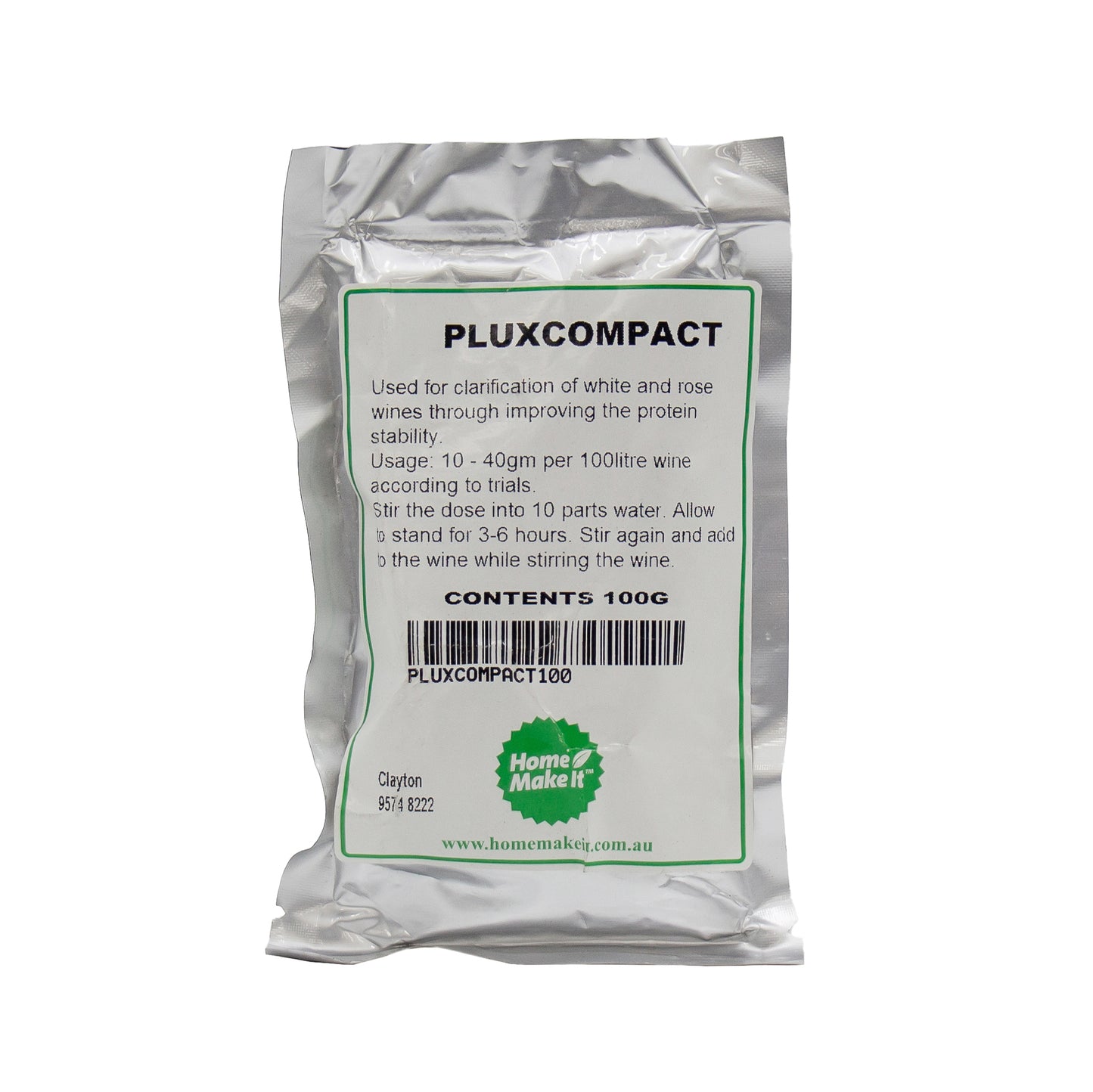 100g packet of pluxcompact which is sodium based bentonite used in the wine making process.