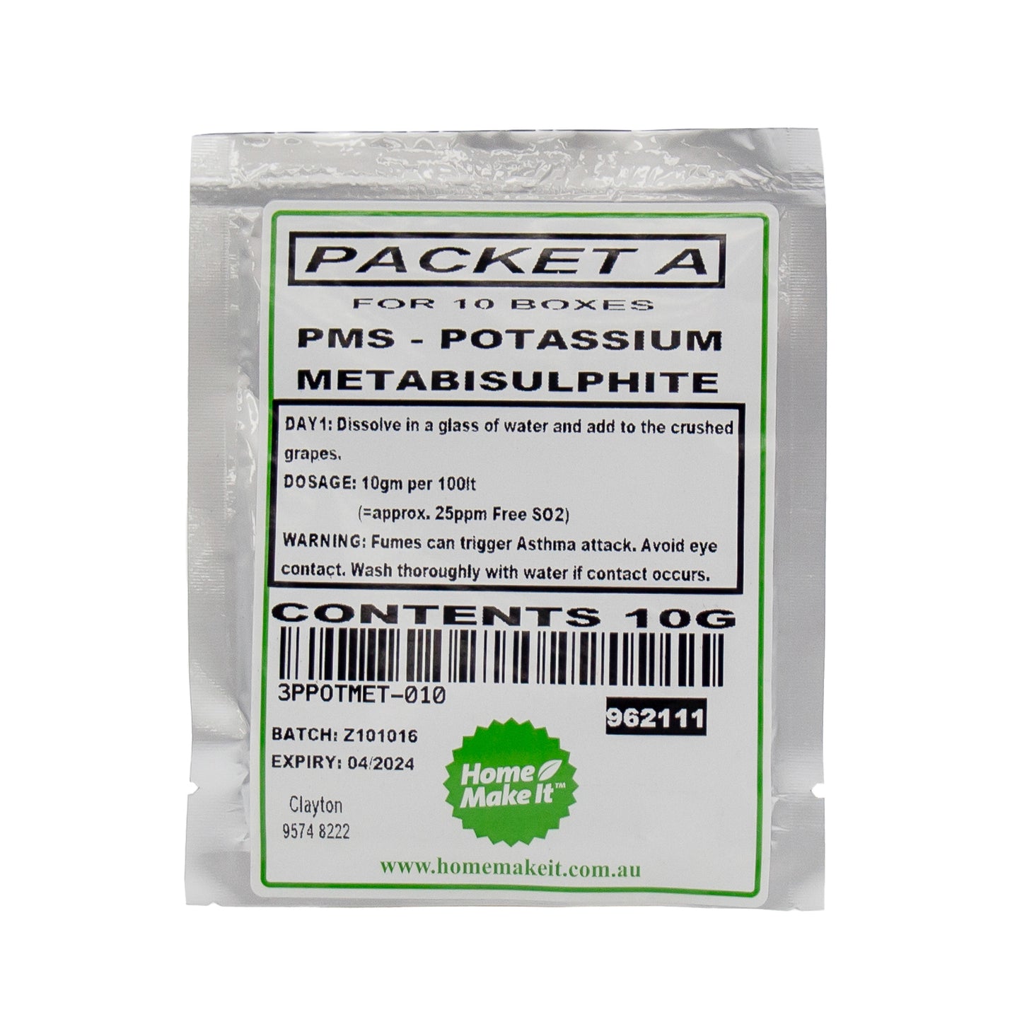 10g packet of potassium metabisulphite also known as PMS or Packet A, used in the wine making process.