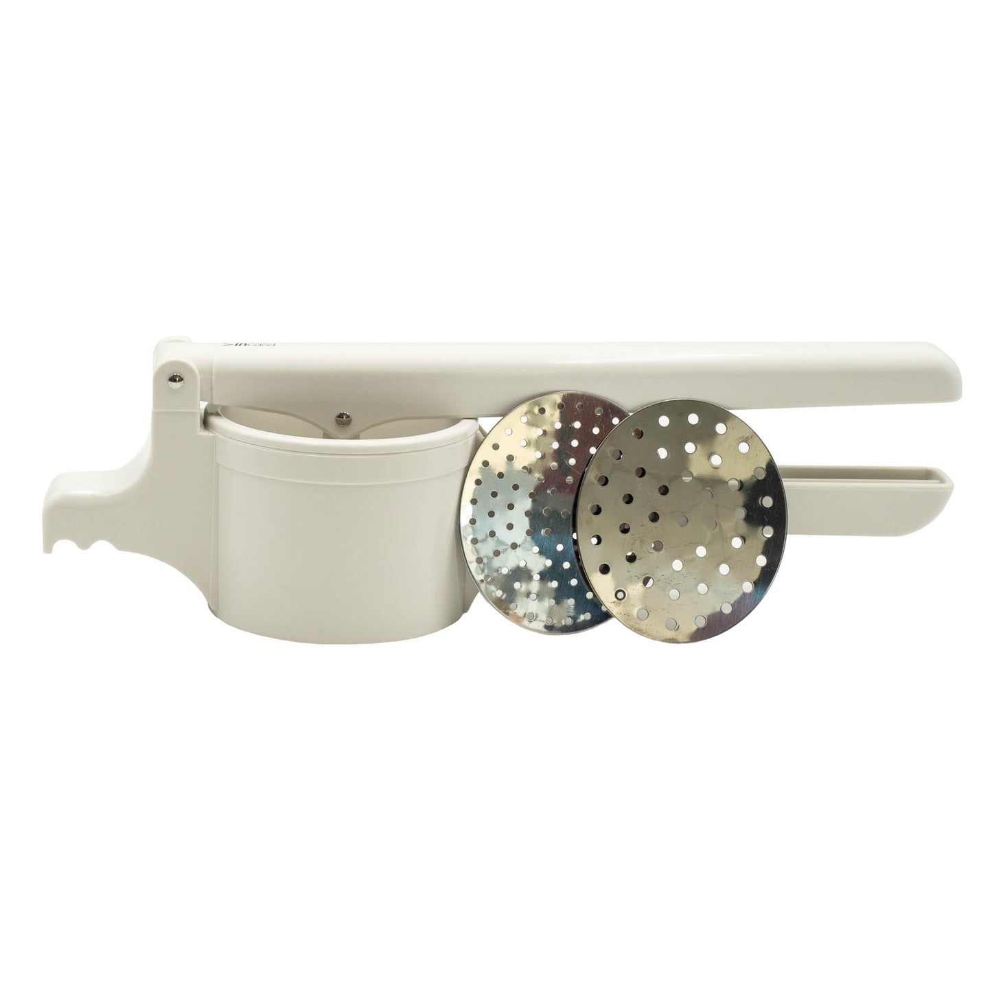 White food grade plastic potato masher with interchangeable mash plates.