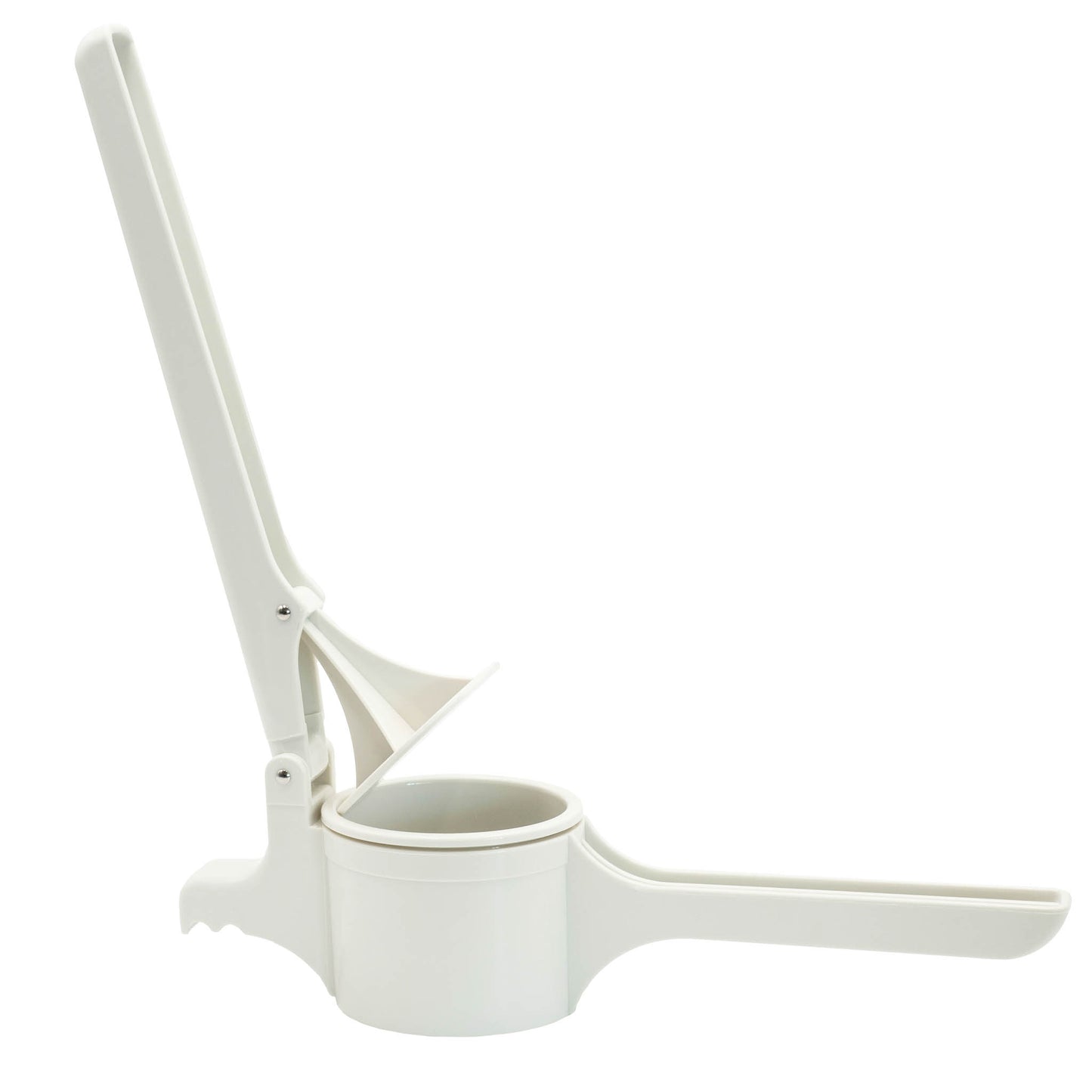 White food grade plastic ricer with interchangeable mash plates.
