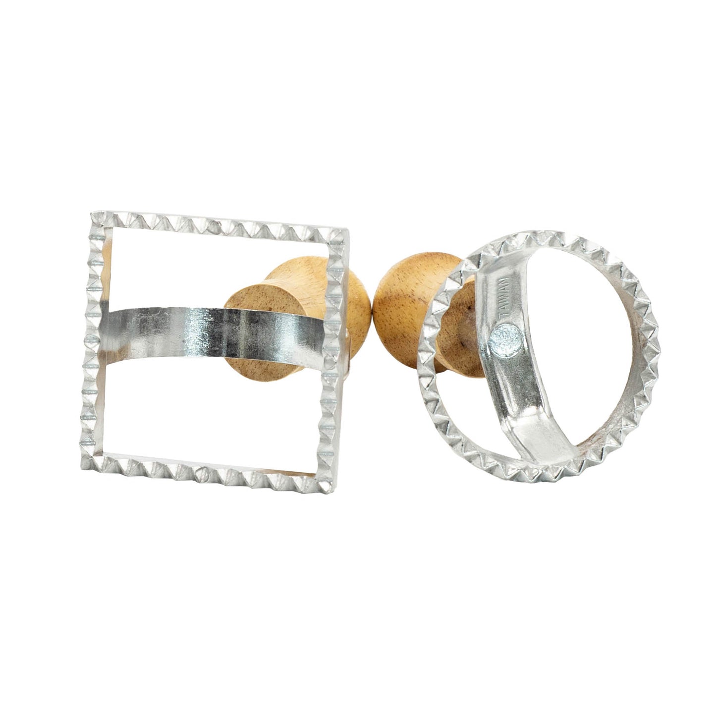 set of two ravioli cutters, one square and one circle.