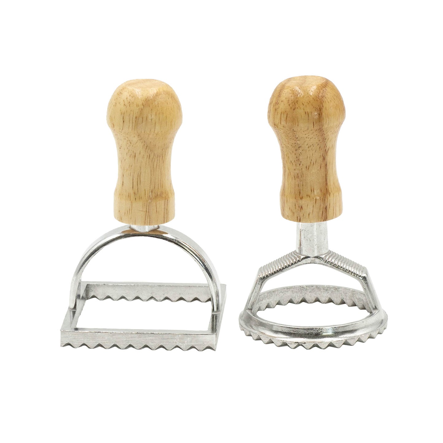 Stainless Steel ravioli cutters with wooden handle.