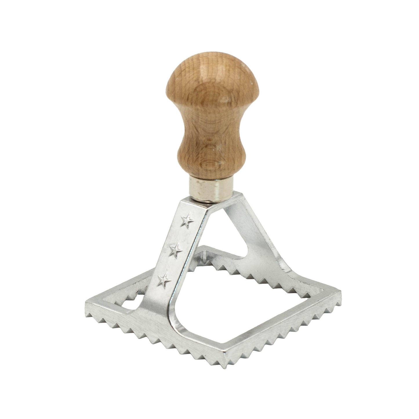 Italian Made square ravioli cutter with wooden handle.