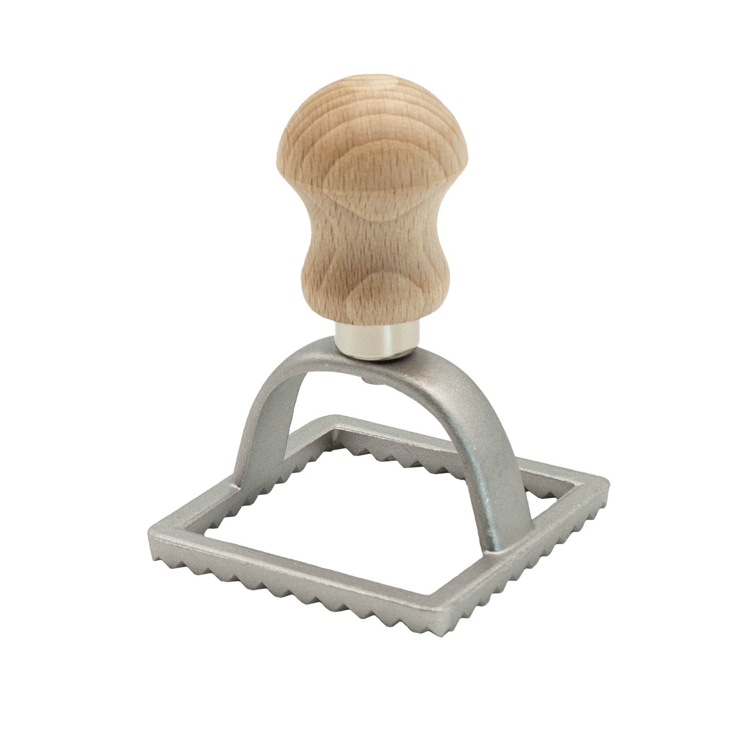 Italian made square ravioli cutter with wooden handle.