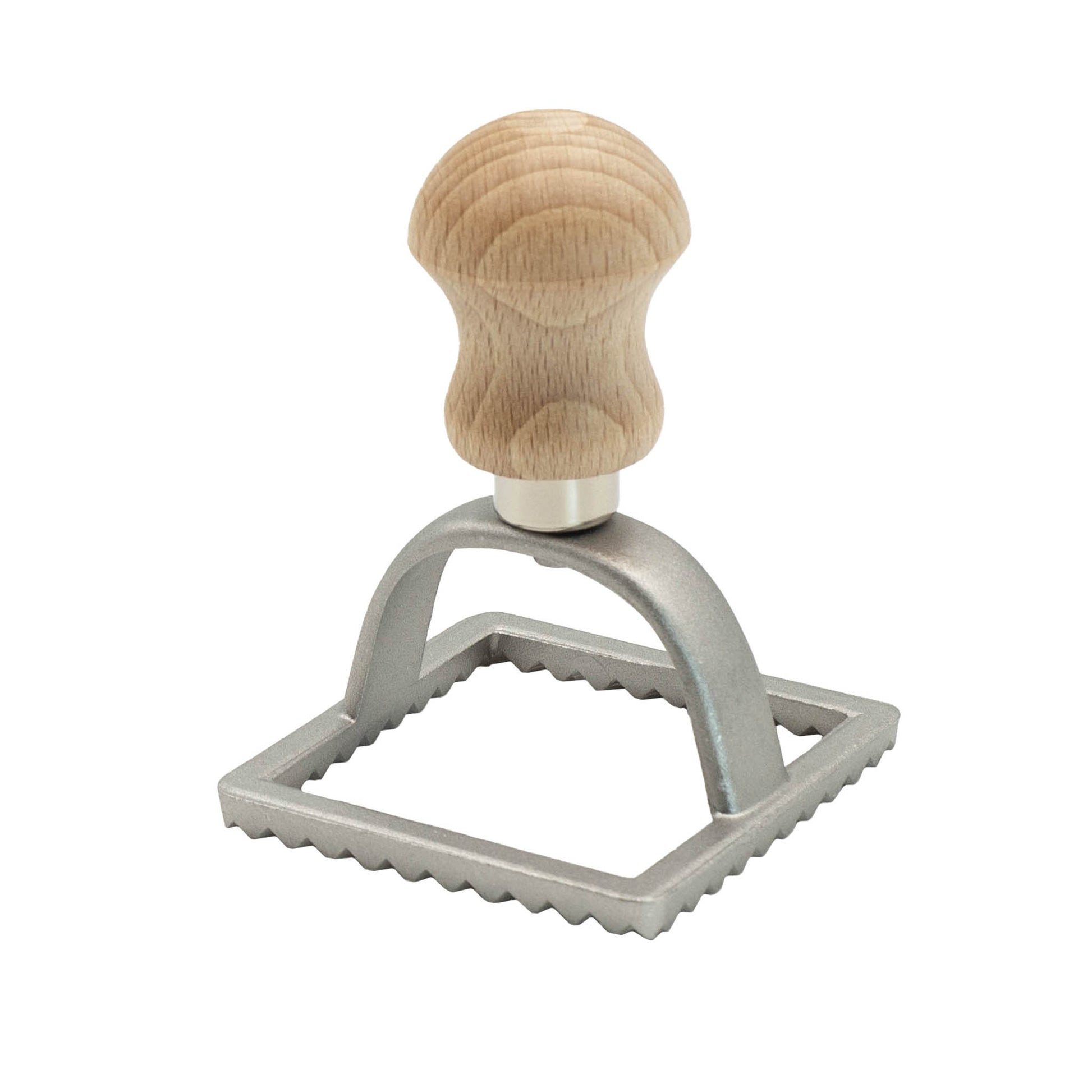 Italian made square ravioli cutter with wooden handle.