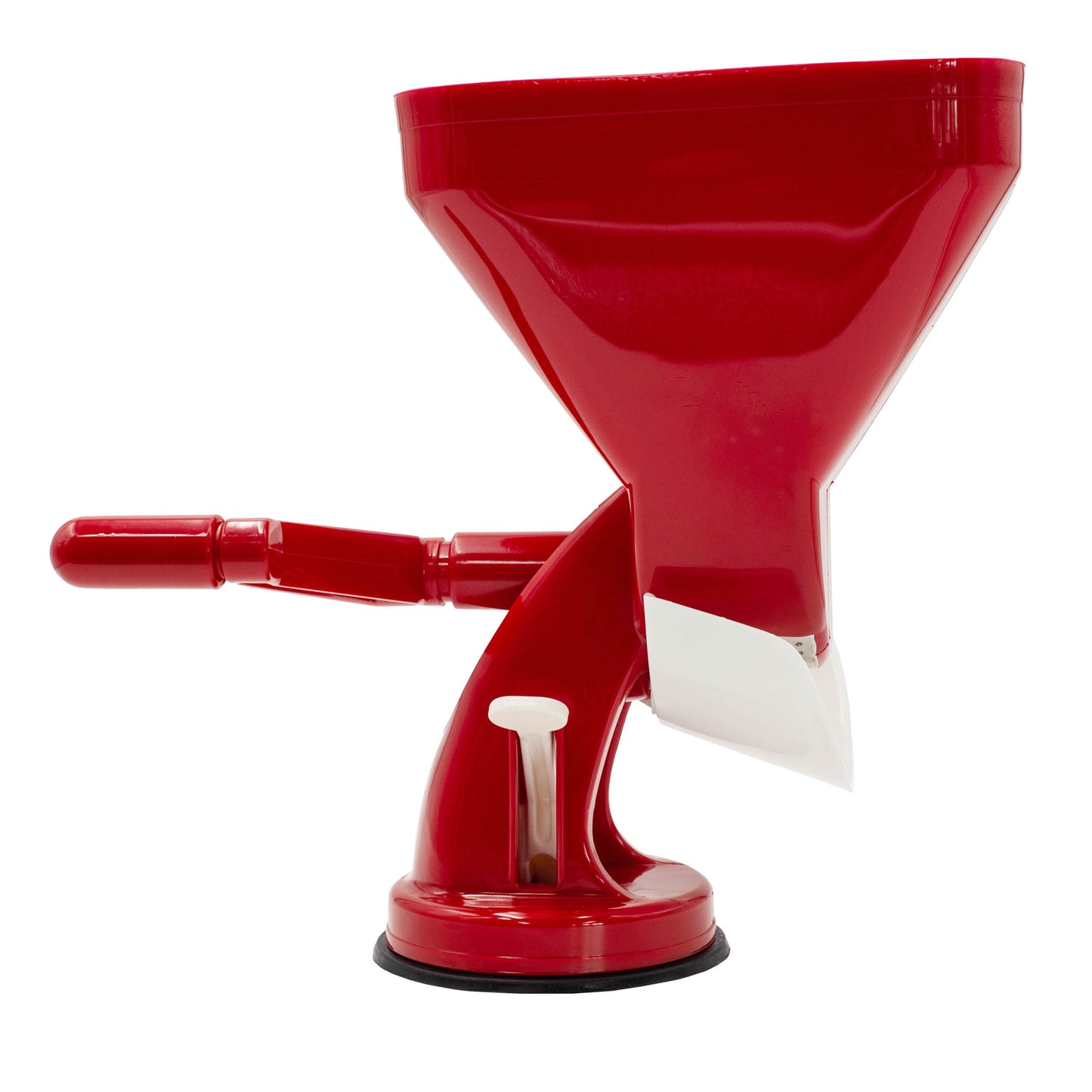 Italian made food grade red plastic manual tomato / Passata mincing machine. Click Click by Rigamonti with suction base for easy use.
