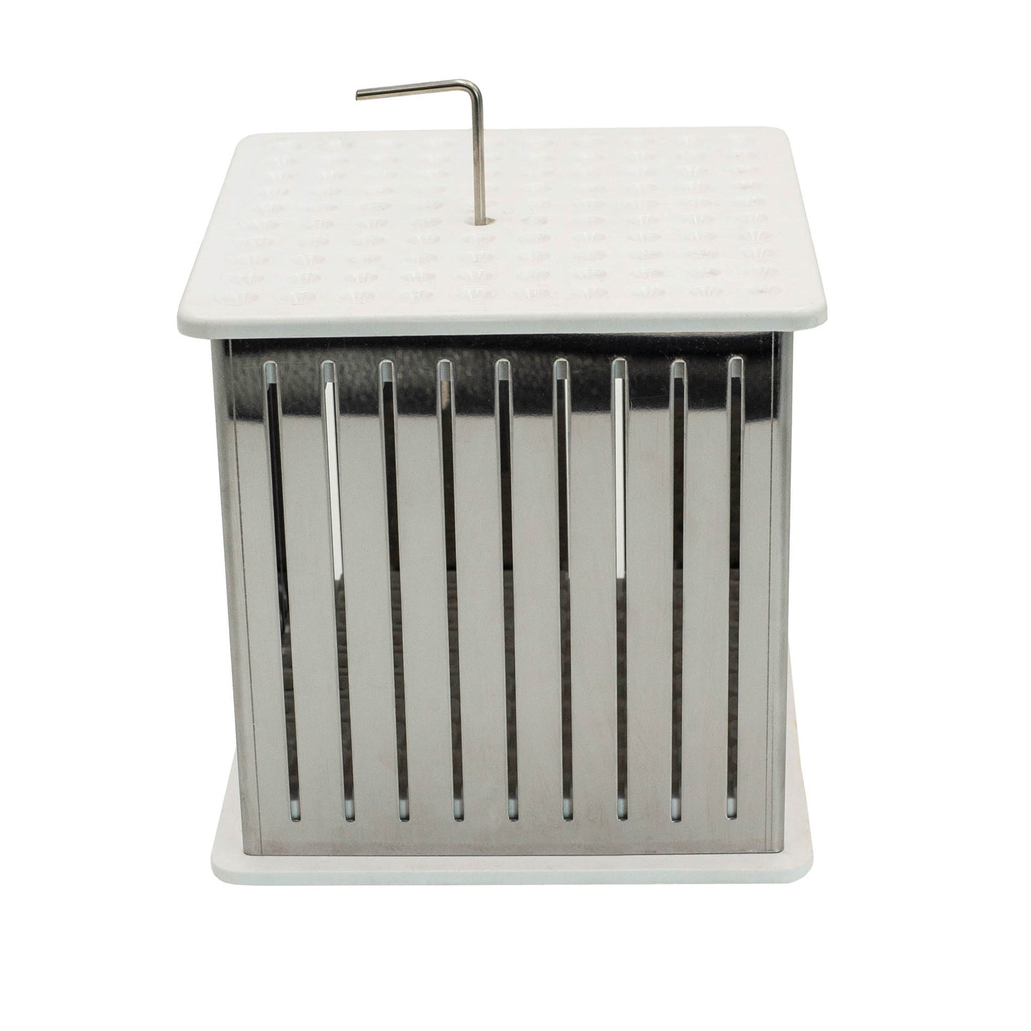 Italian made stainless steel skewer making cube with knife guide.