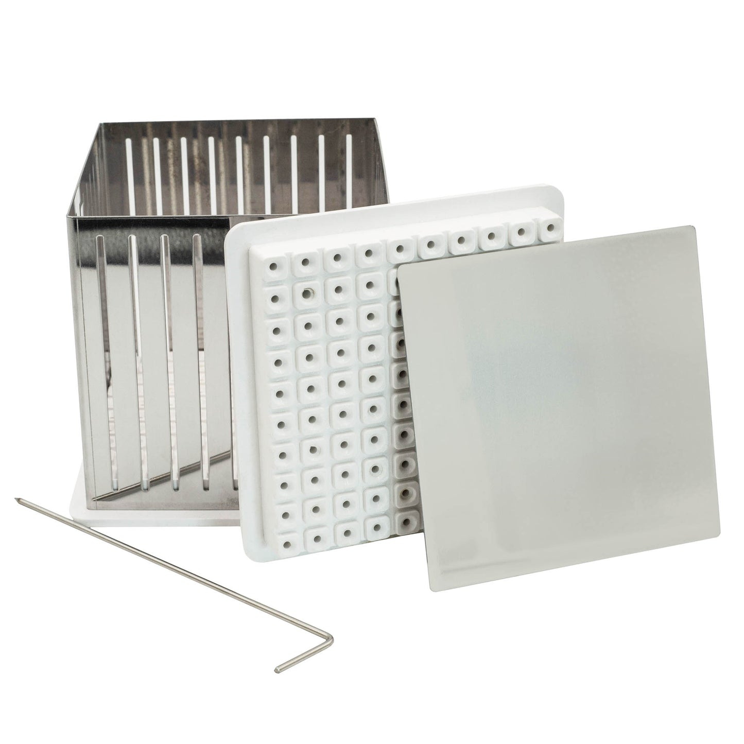 Stainless steel skewer cube comes with two lids made from a ceramic and polystyrene composite.
