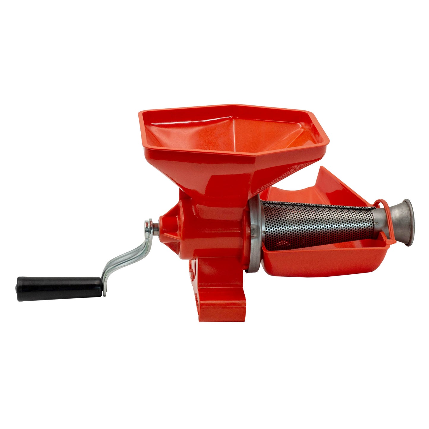 SP2 manual passata machine by Fabio Leonardi. Made with food grade plastic, stainless steel and cast iron. Made for mincing tomatoes to make passata. 