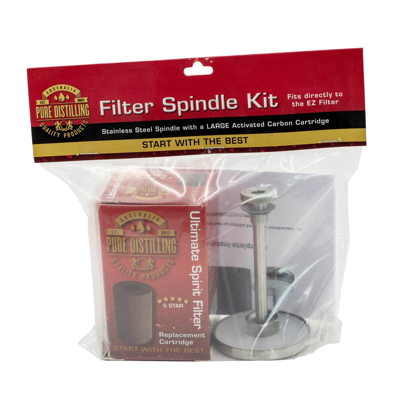 Filter spindle kit comes with a stainless steel spindle with a large activated carbon cartridge.