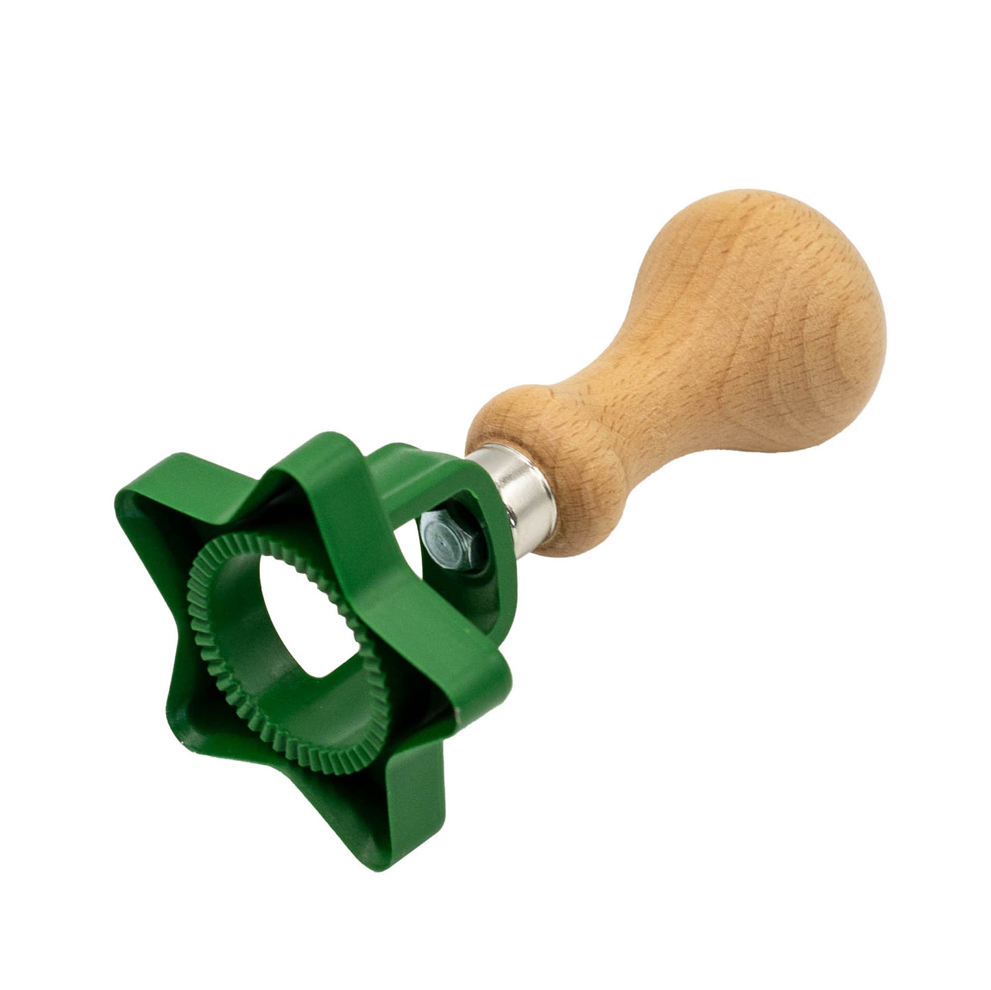 Green plastic star shape biscuit and pastry cutter with wooden handle.