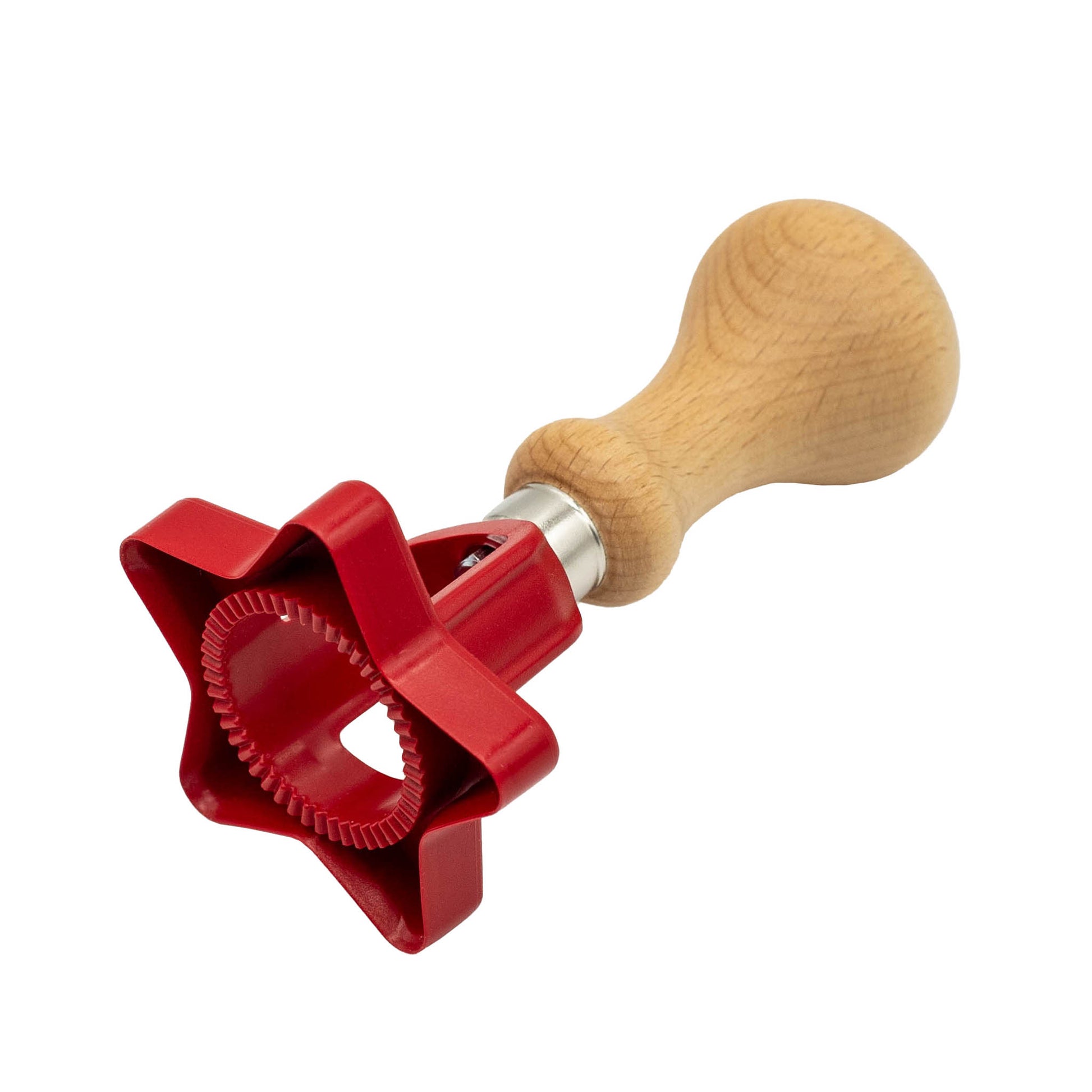 Red plastic star shape biscuit and pastry cutter with wooden handle.