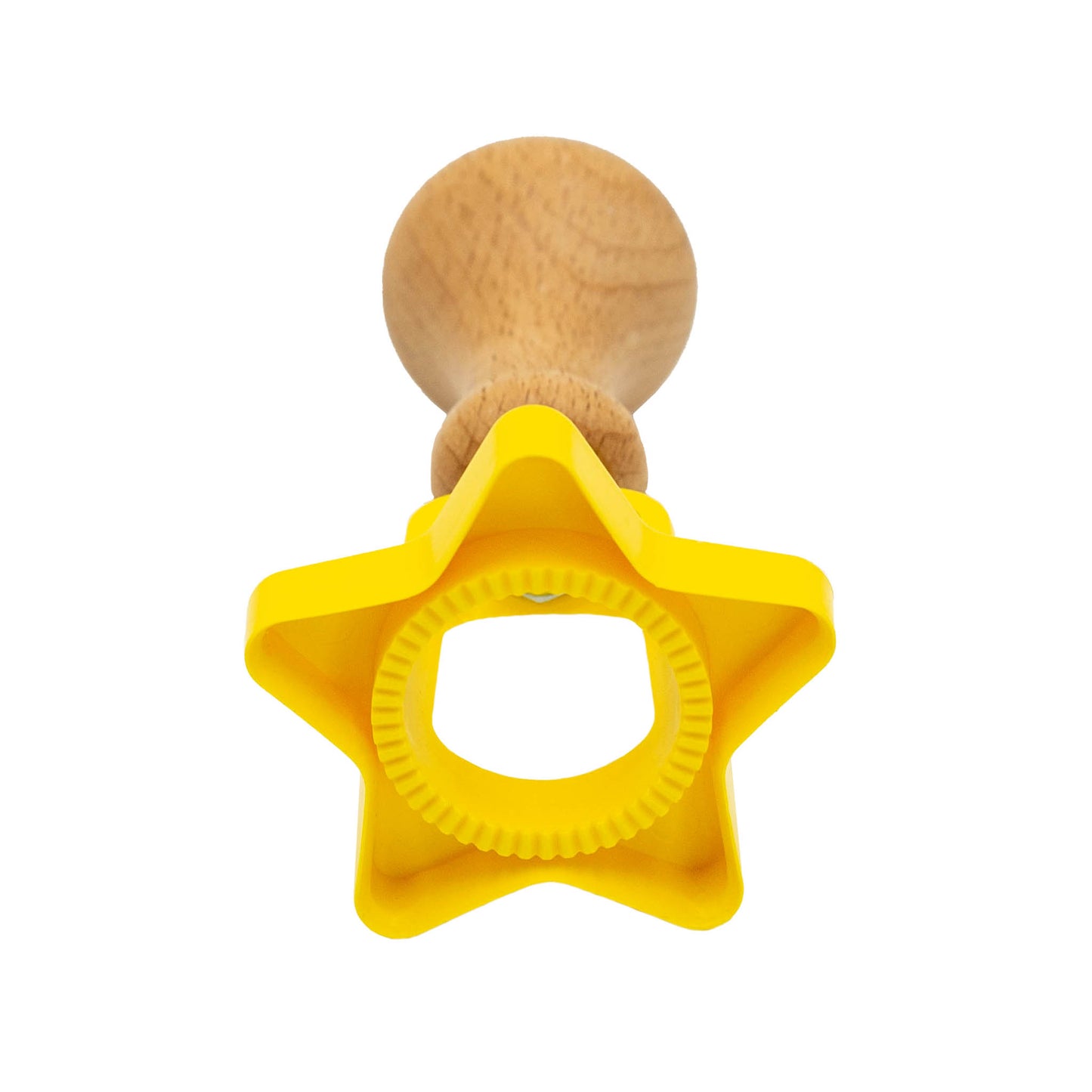 Yellow plastic star shape biscuit and pastry cutter with wooden handle.