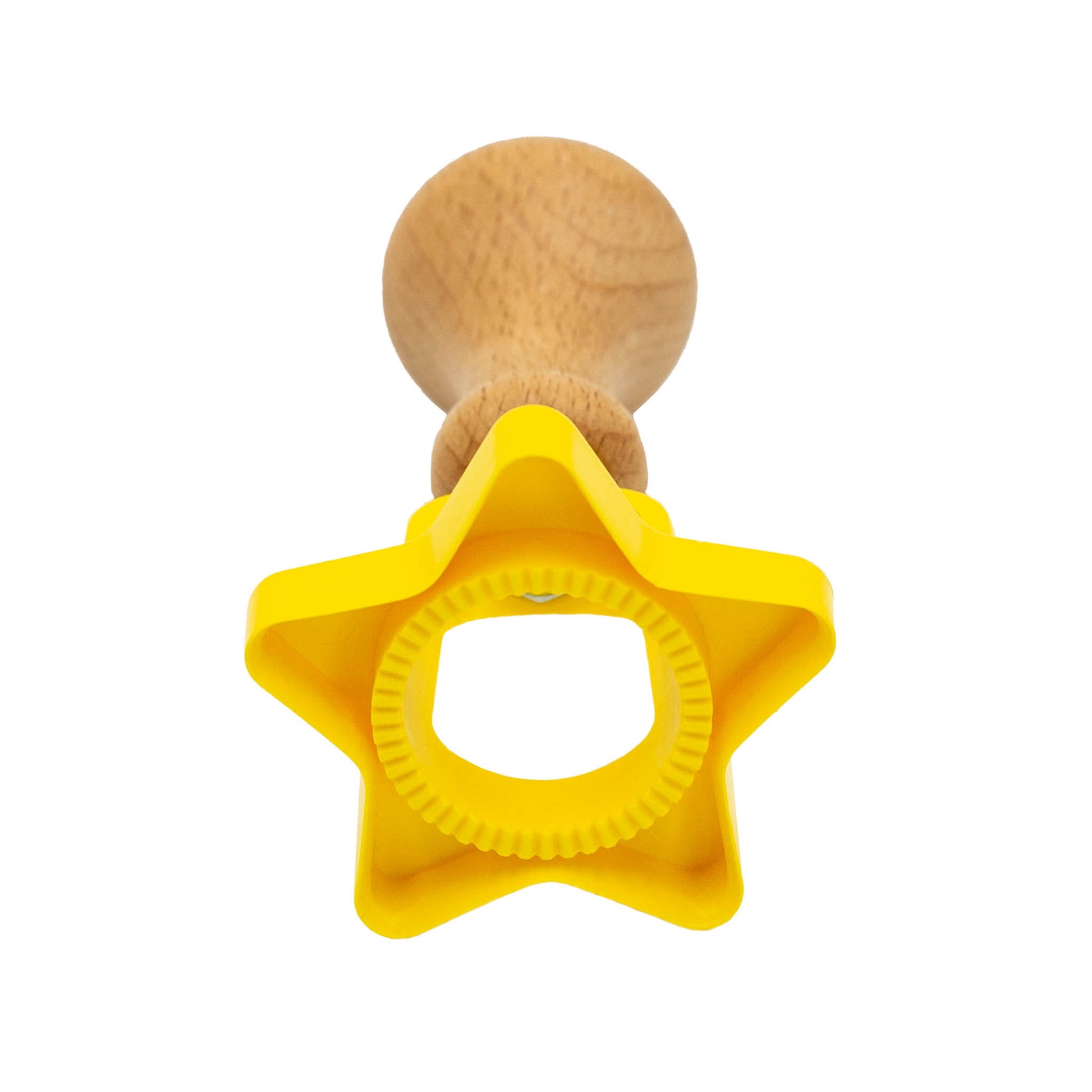 Yellow plastic star shape biscuit and pastry cutter with wooden handle. 