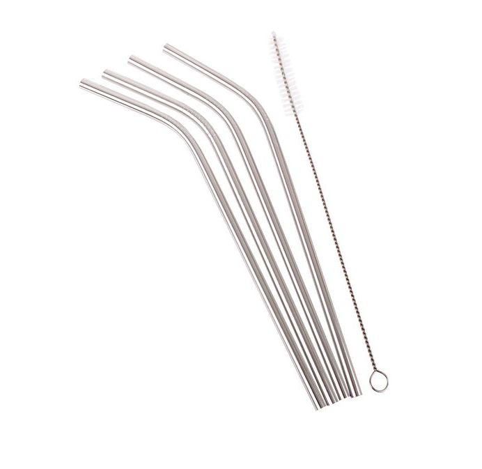set of four stainless steel reusable straws with cleaning brush