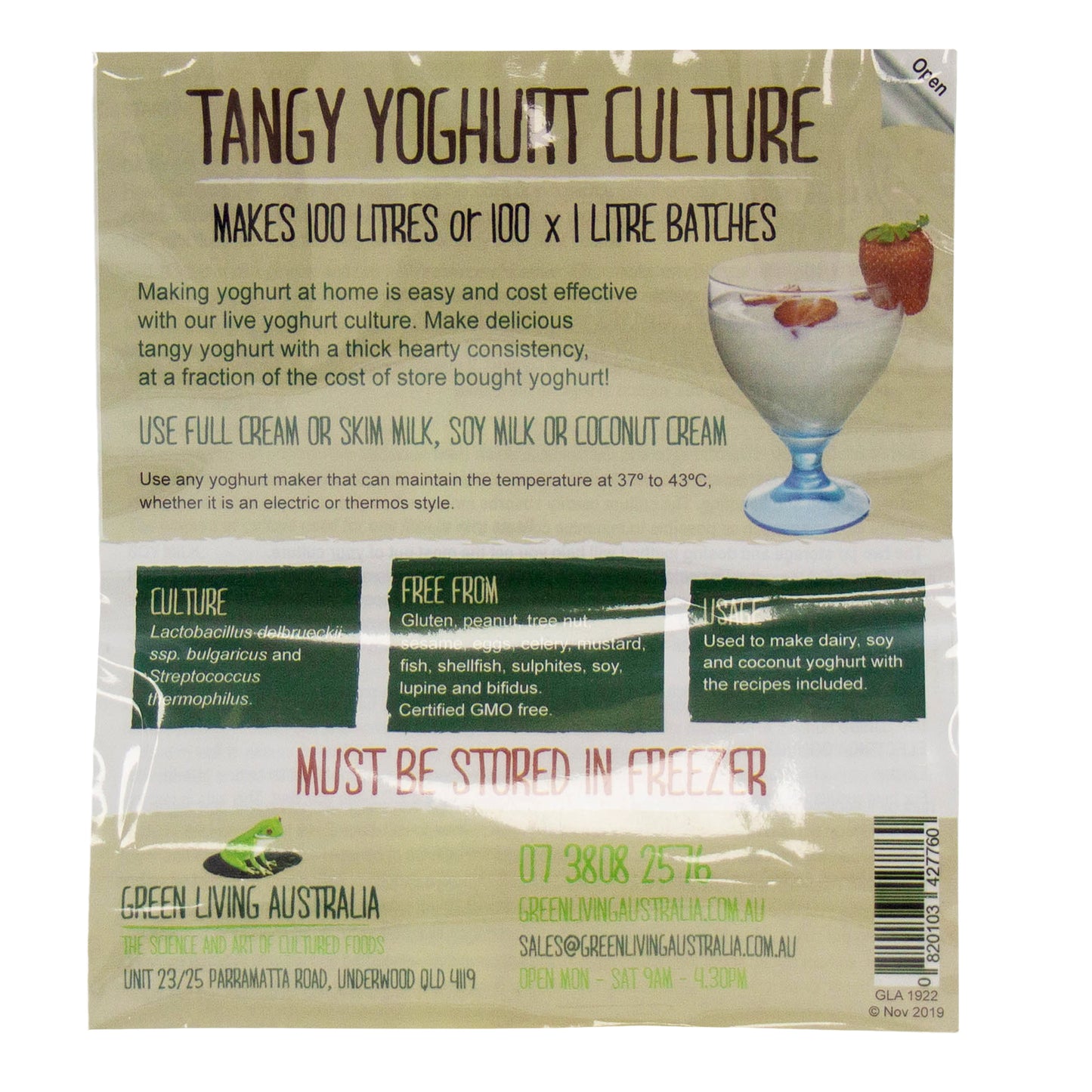 tangy yoghurt culture makes up to 100 litres using full cream or skim milk, soy milk or coconut cream.