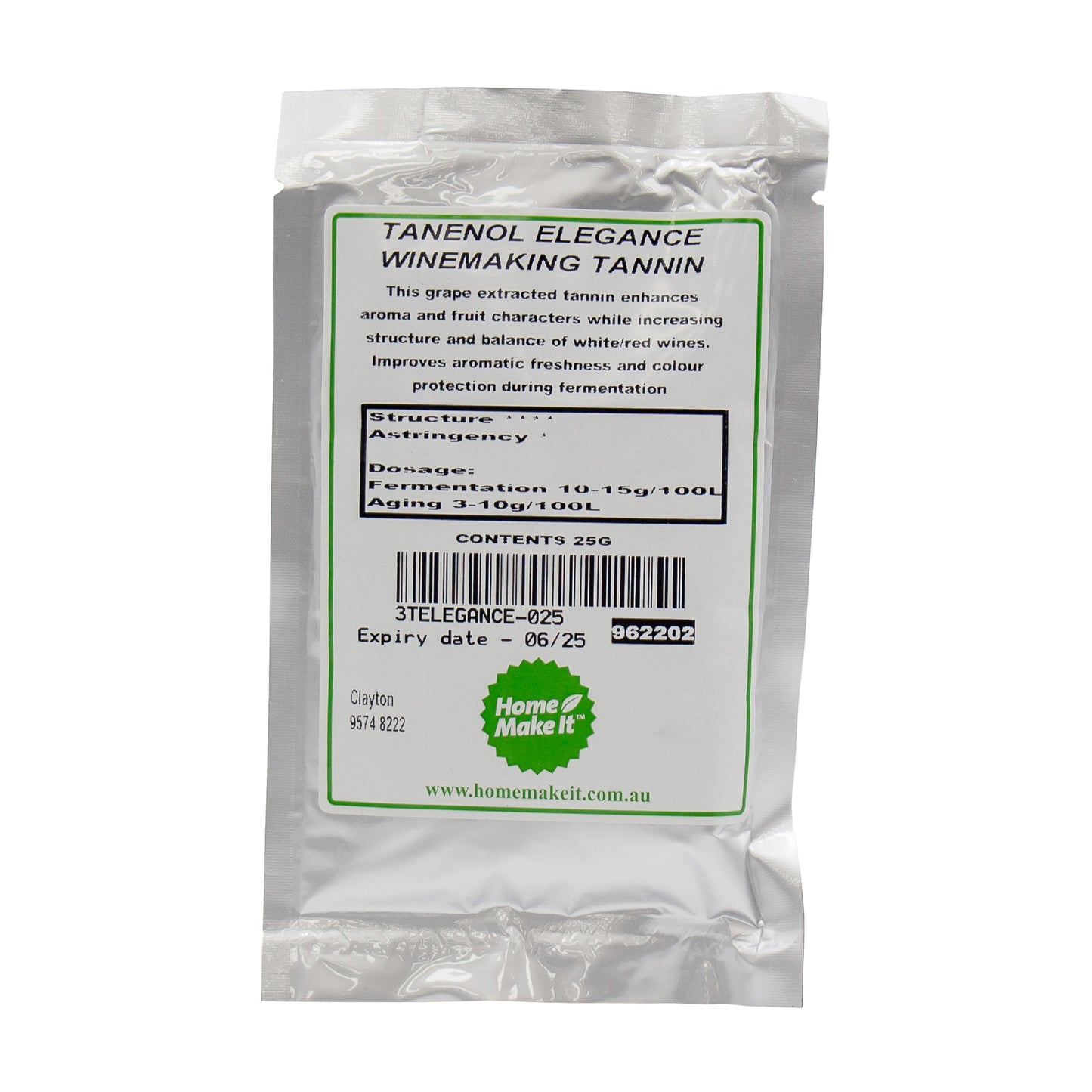 25 gram packet of tannin tanenol elegance used in the wine making process.