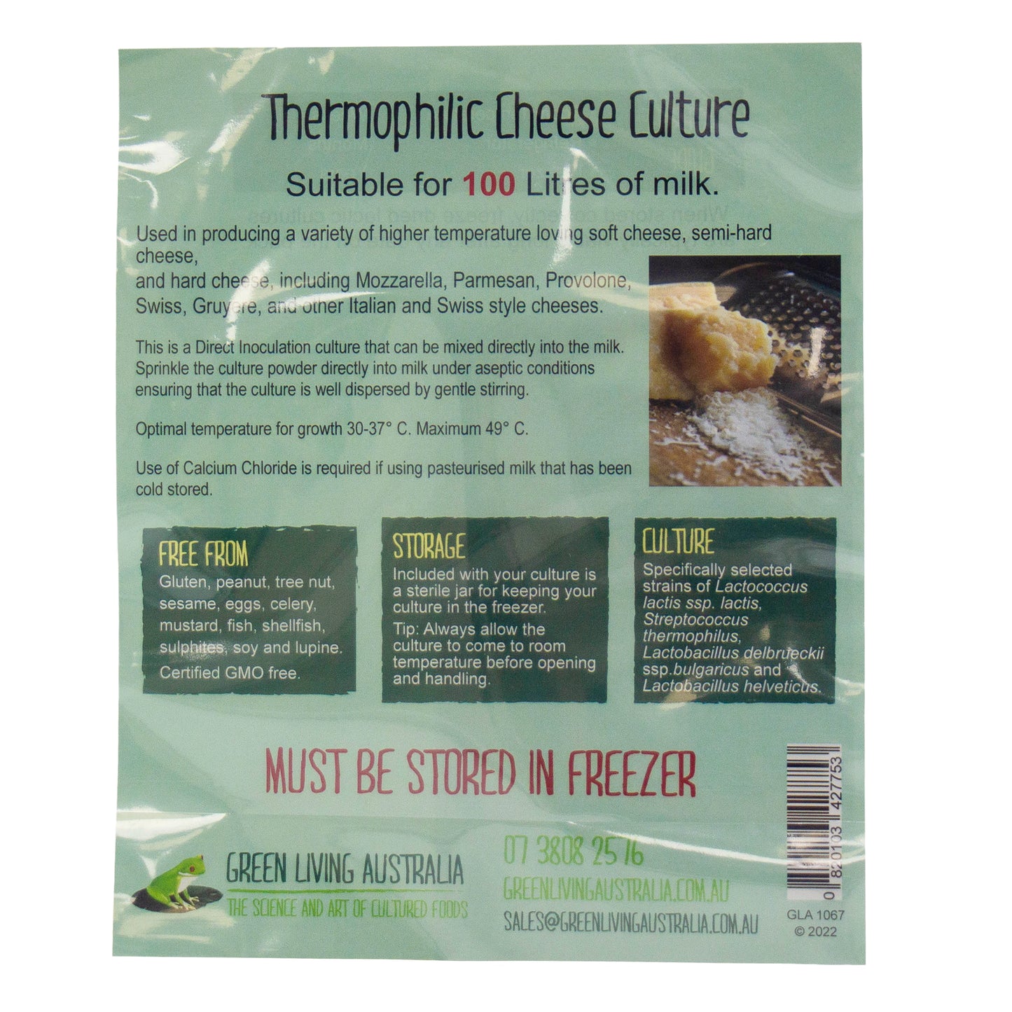 Thermophilic cheese culture used to make higher temperature cheeses like Italian and Swiss cheeses. This packet is suitable for up to 100 litres of milk.
