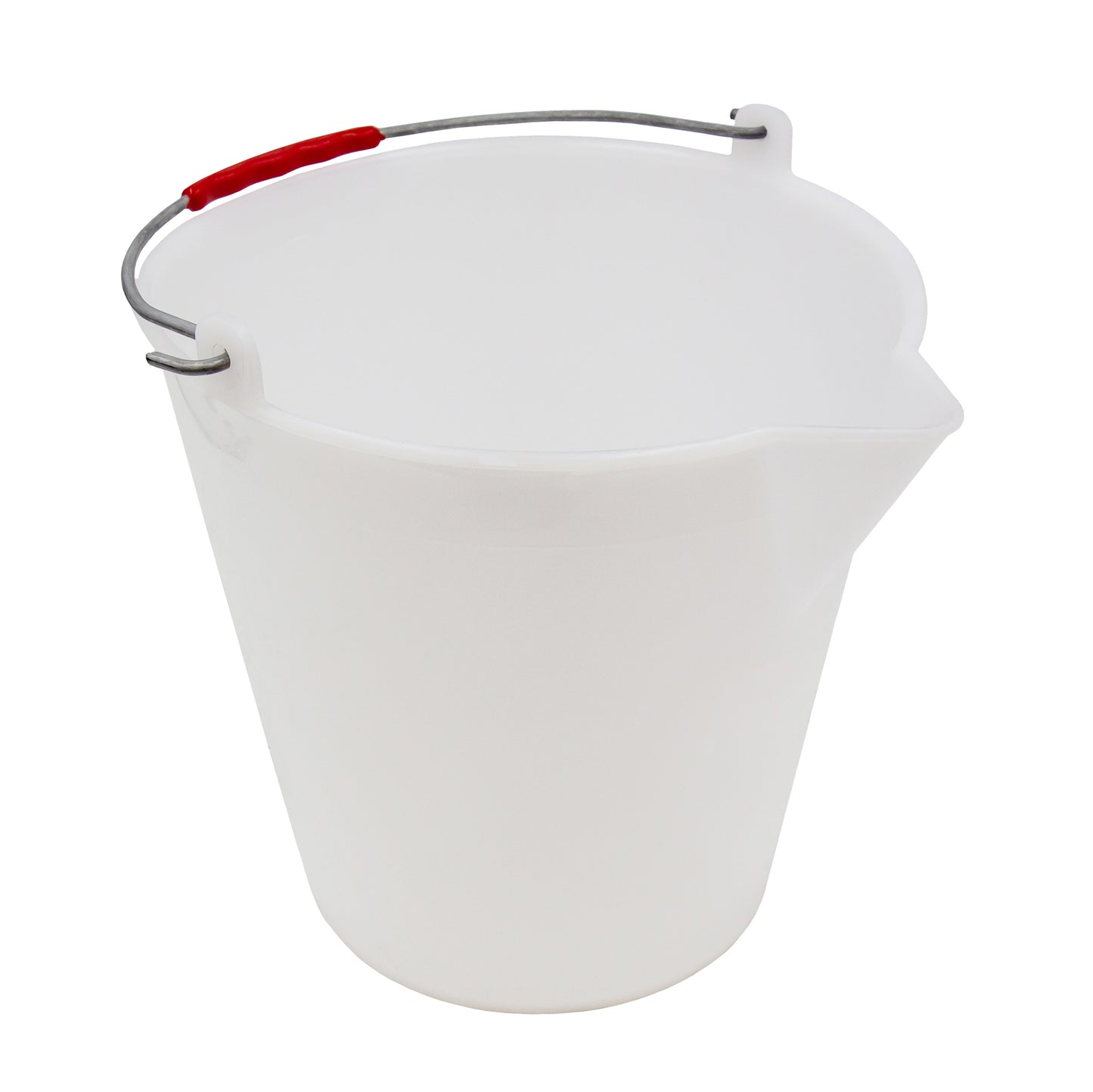 12 litre white plastic bucket with metal carry handle and easy pour spout.
