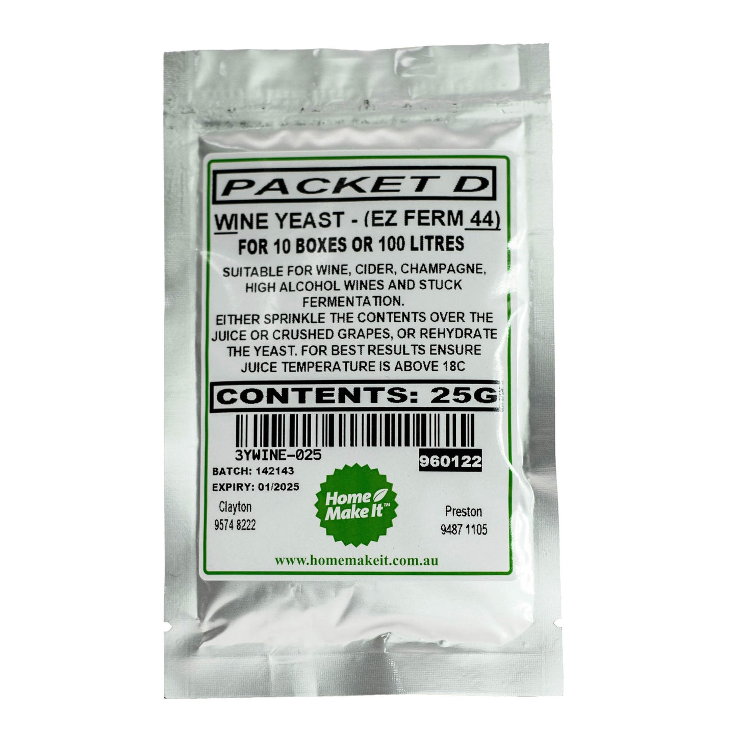 25g packet of EZ ferm 44 wine yeast or Packet D. Yeast for cider, champagne or high alcohol wines.