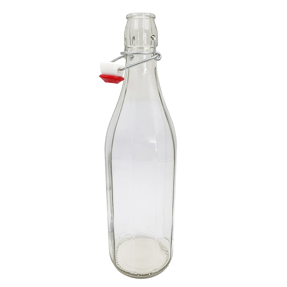 glass bottle with open swing top lid on white background