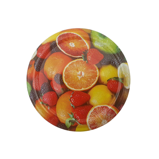 fruit print metal lid - 63mm diameter with pop top