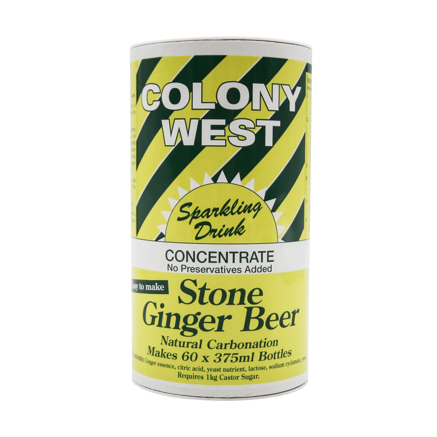 tin of colony west ginger beer - makes 60 375ml bottles.