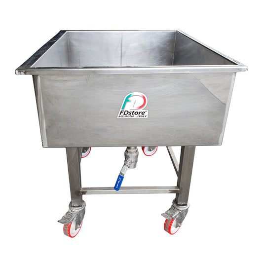 stainless steel curd drain cart made in italy with wheels and ball valve. 