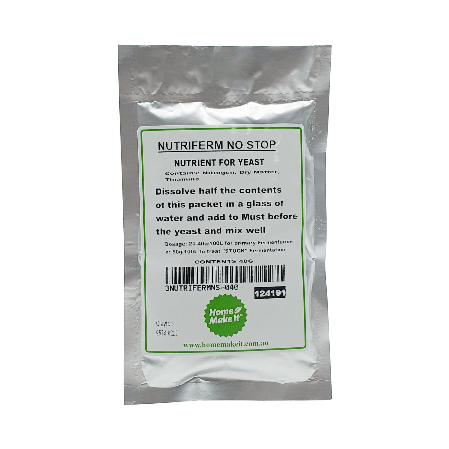 40 gram bag of nutriferm no stop to treat stuck fermentations. 