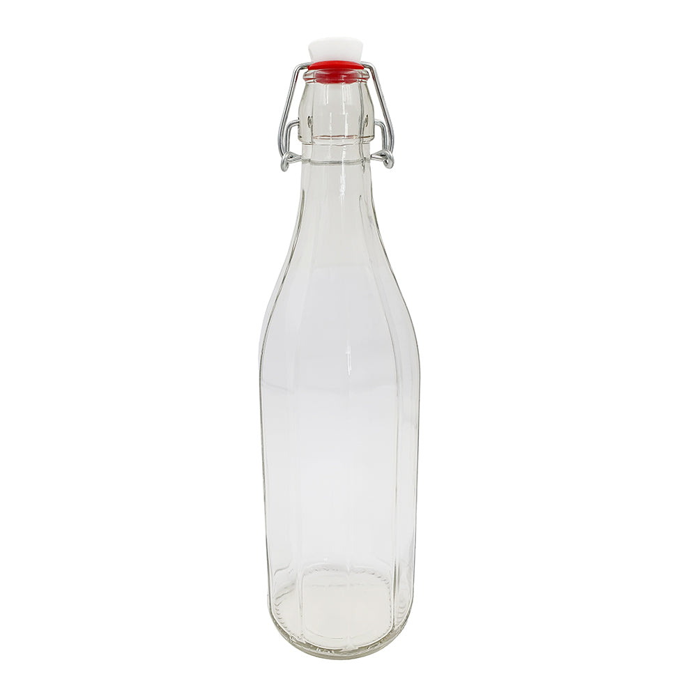 glass bottle with swing top lid on white background