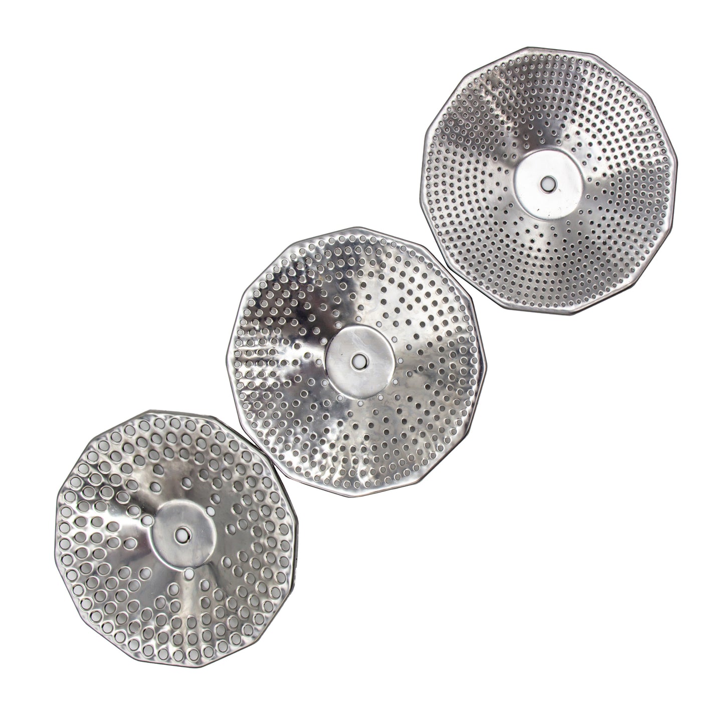 Three stainless steel discs with varying size holes for finer or coarser milling.