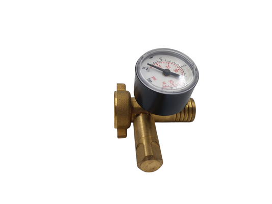 Brass pressure regulator with gauge on a white background