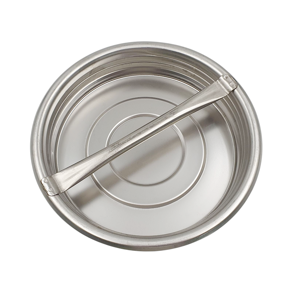 Stainless steel lid with handle on a white background