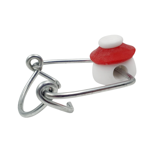 Metallic clip with a red and white component on a white background