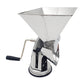 Stainless steel tomato grinder and passata maker with a conical top and handle on a white background
