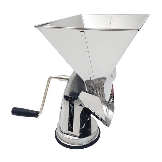 Stainless steel tomato grinder and passata maker with a conical top and handle on a white background