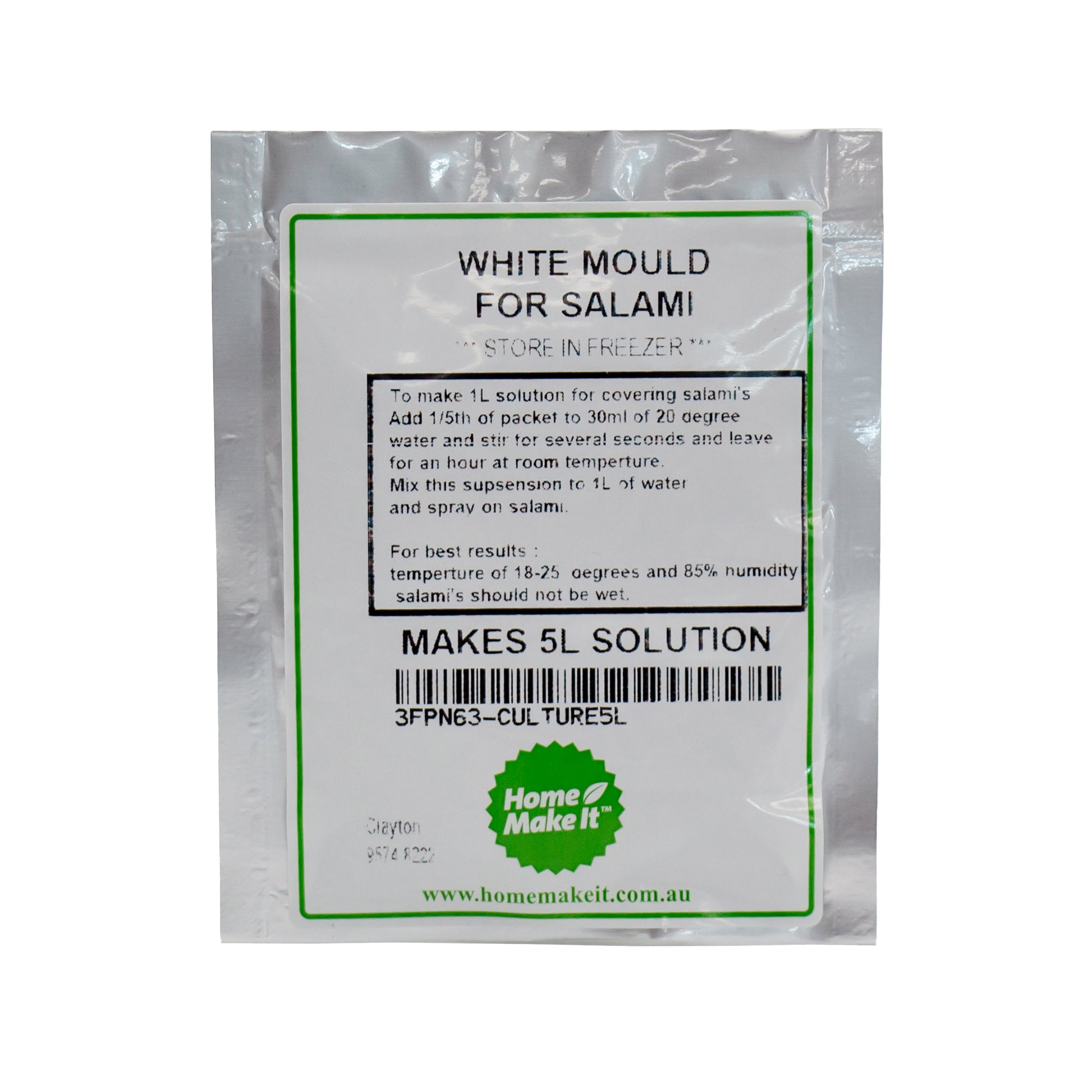 packet of white mould culture for salami making. Packet makes 5 litres of solution