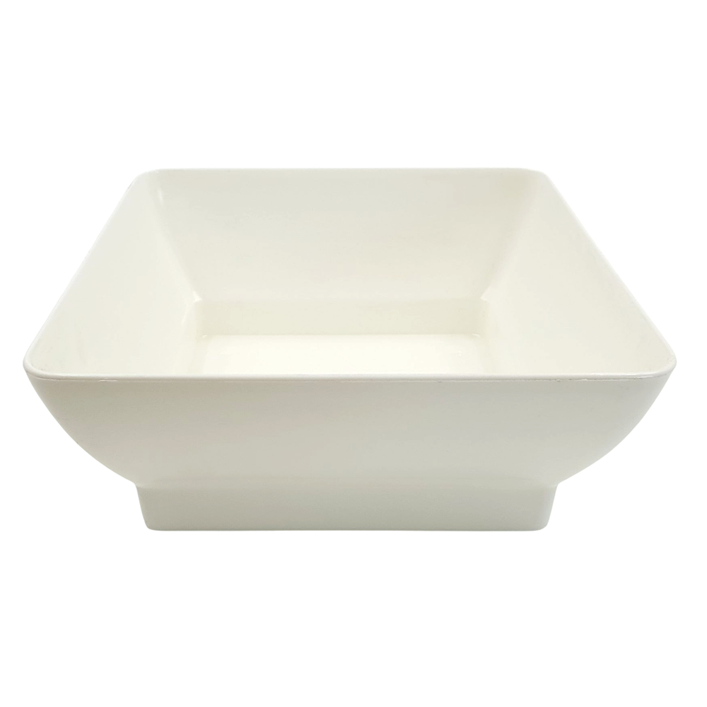 White plastic square bowl on a white background used for tomato sauce making