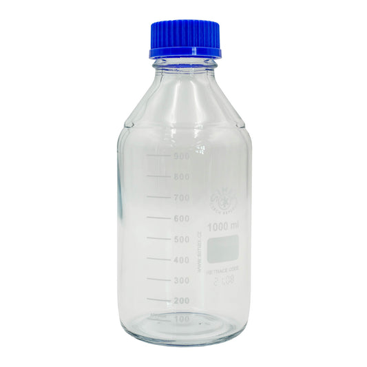 1000ml borosilicate lab bottle with lid. Made with silica and boron trioxide making them more resistant to thermal shock than any other common glass. 