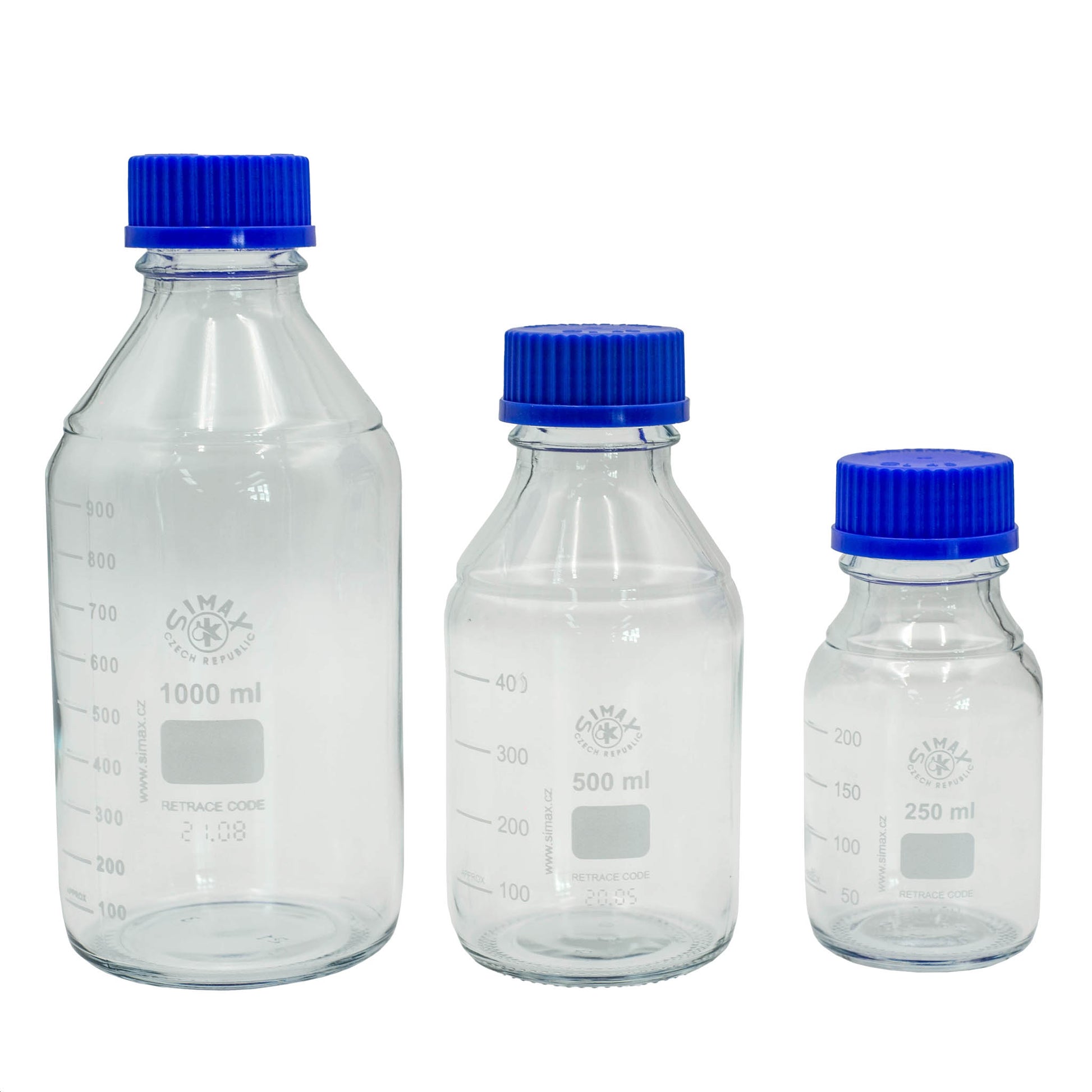 Size comparison of 1000ml, 500ml and 250ml borosilicate bottles.  