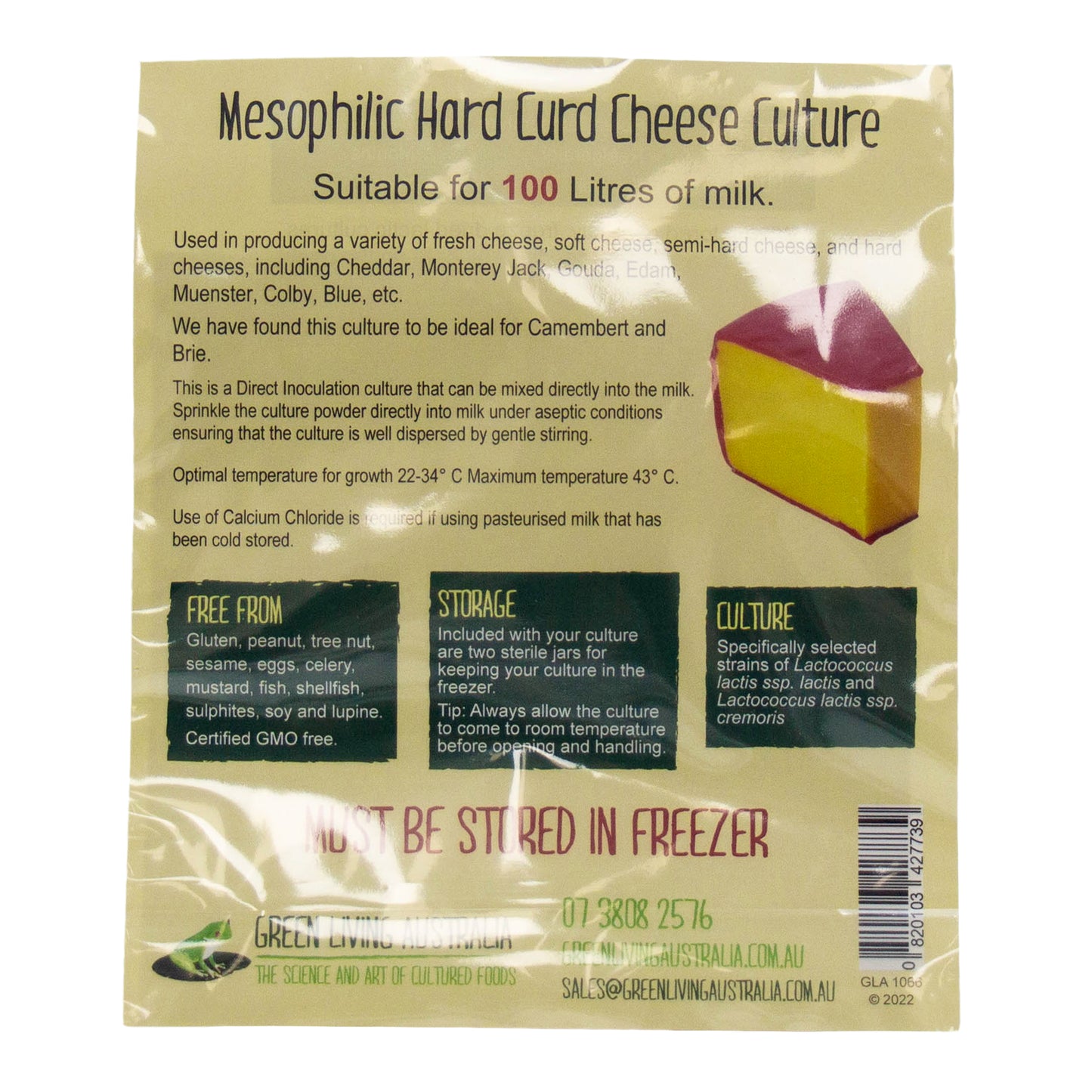 Mesophilic hard curd cheese culture suitable for up to 100 litres of milk. 