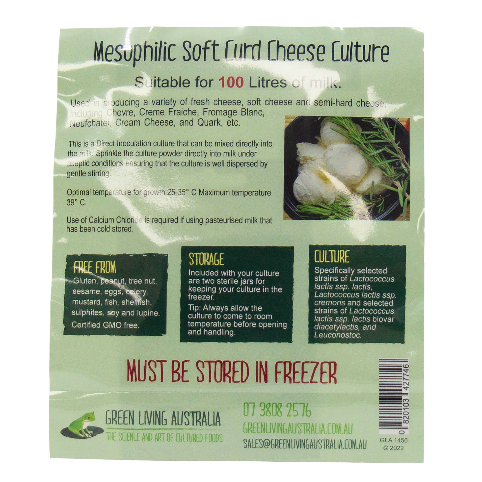 Mesophilic soft curd cheese culture suitable for up to 100 litres of milk. 