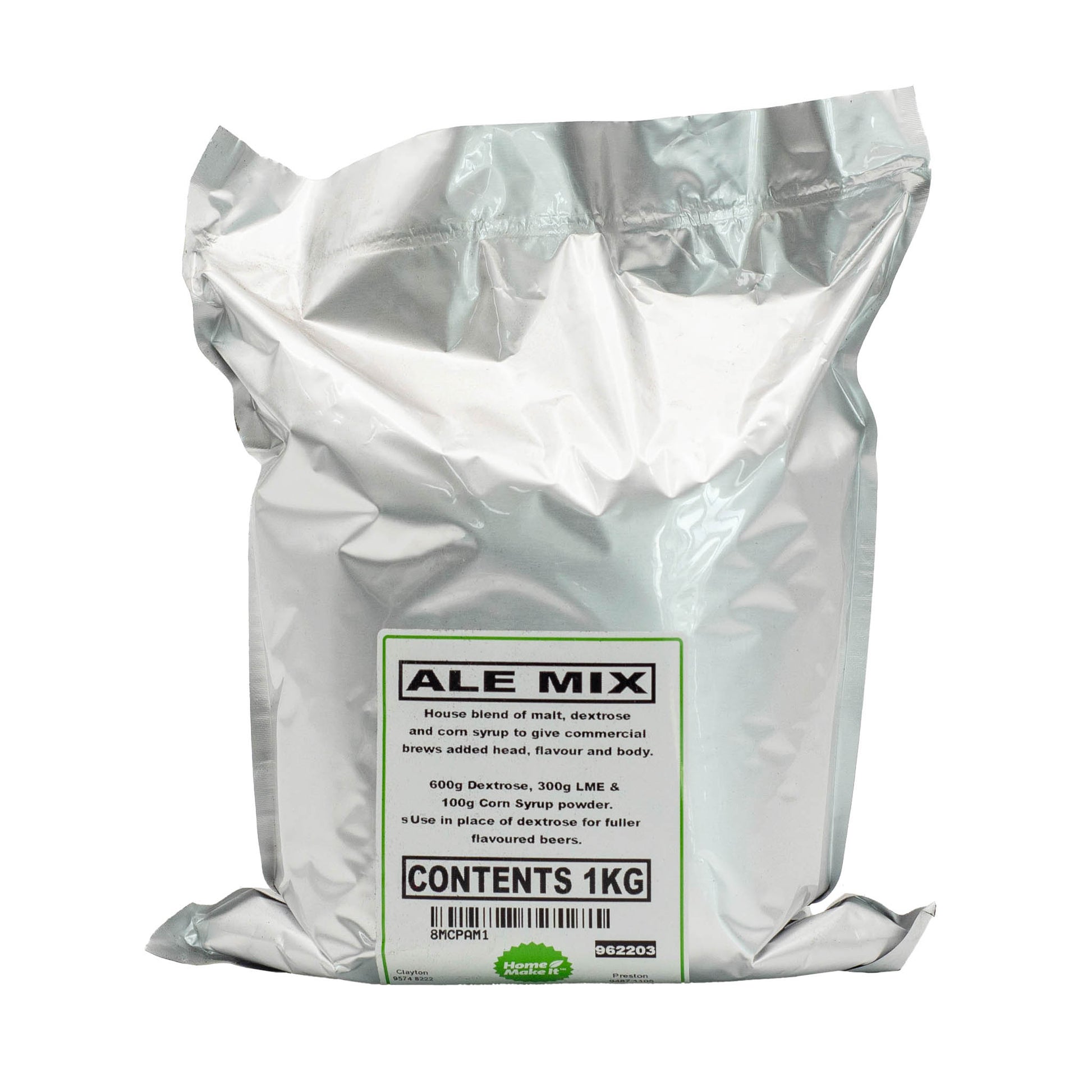 1kg bag of ale mix, specially formulated for Ale style beers. Contains malt, dextrose and corn syrup.