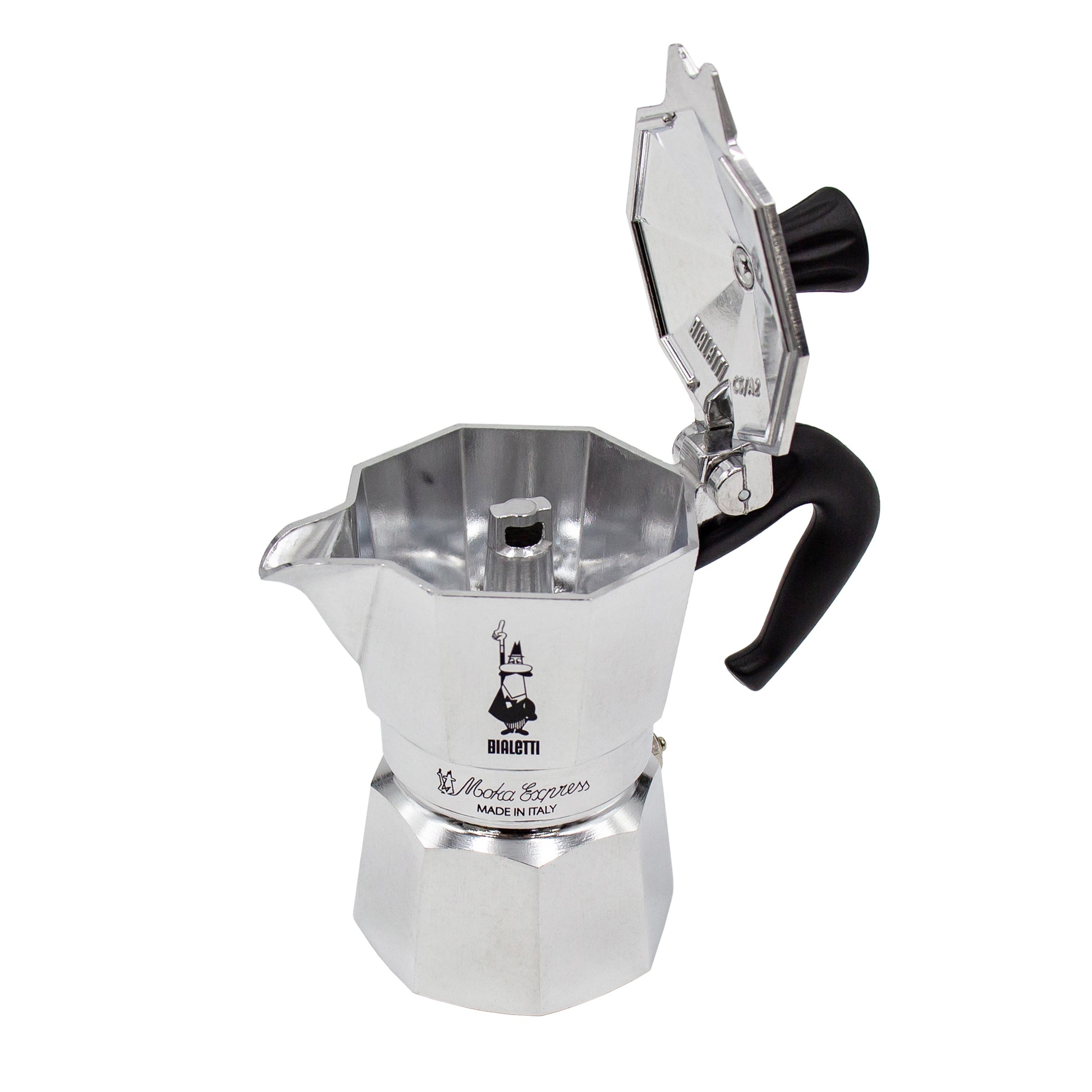 Italian made bialetti moka express 3 cup espresso coffee maker with lid open