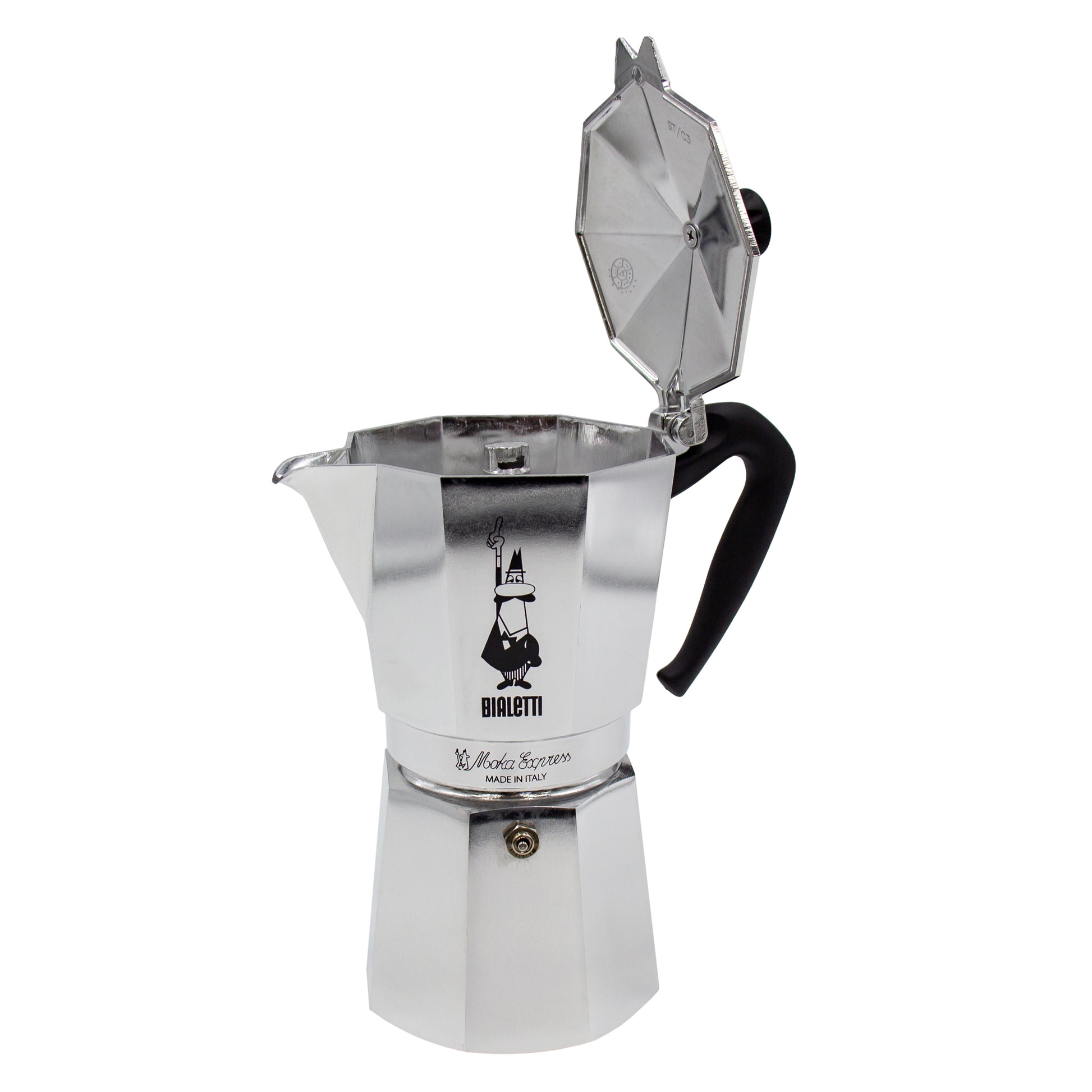 Italian made bialetti moka express 6 cup espresso coffee maker with lid open